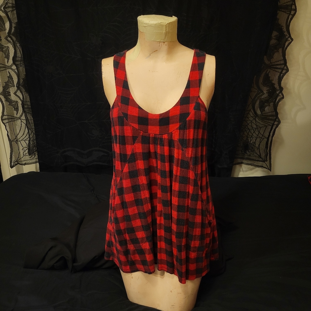 Y2K So Sik red blk Buffalo plaid crochet flowy racer back tank top w pockets XL - Picture 8 of 17